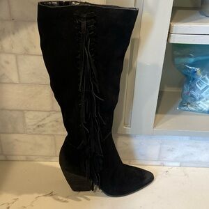 Charles David Nitro fringe knee high suede boots in black new in box min